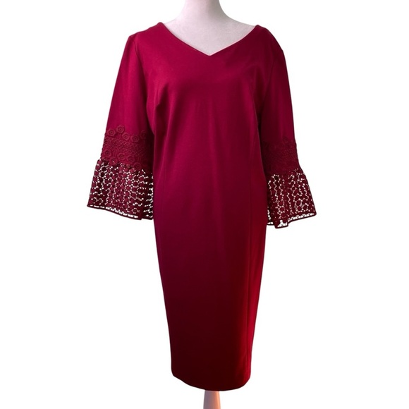 Talbots V-Neck Wine Sheath Midi Dress Crochet Lace Bell Sleeves (Size 16WP) - Picture 1 of 12